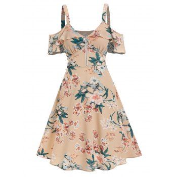 

Cold Shoulder Sundress Ruffled Floral Print Dress, Light yellow