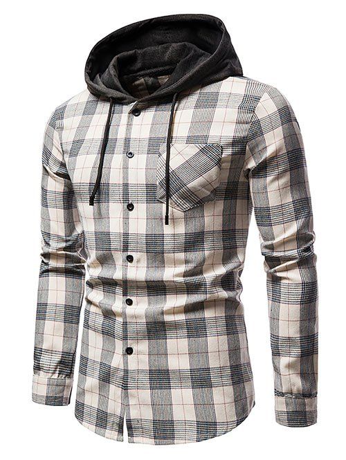 Plaid Print Long Sleeve Hooded Pocket Shirt - APRICOT S