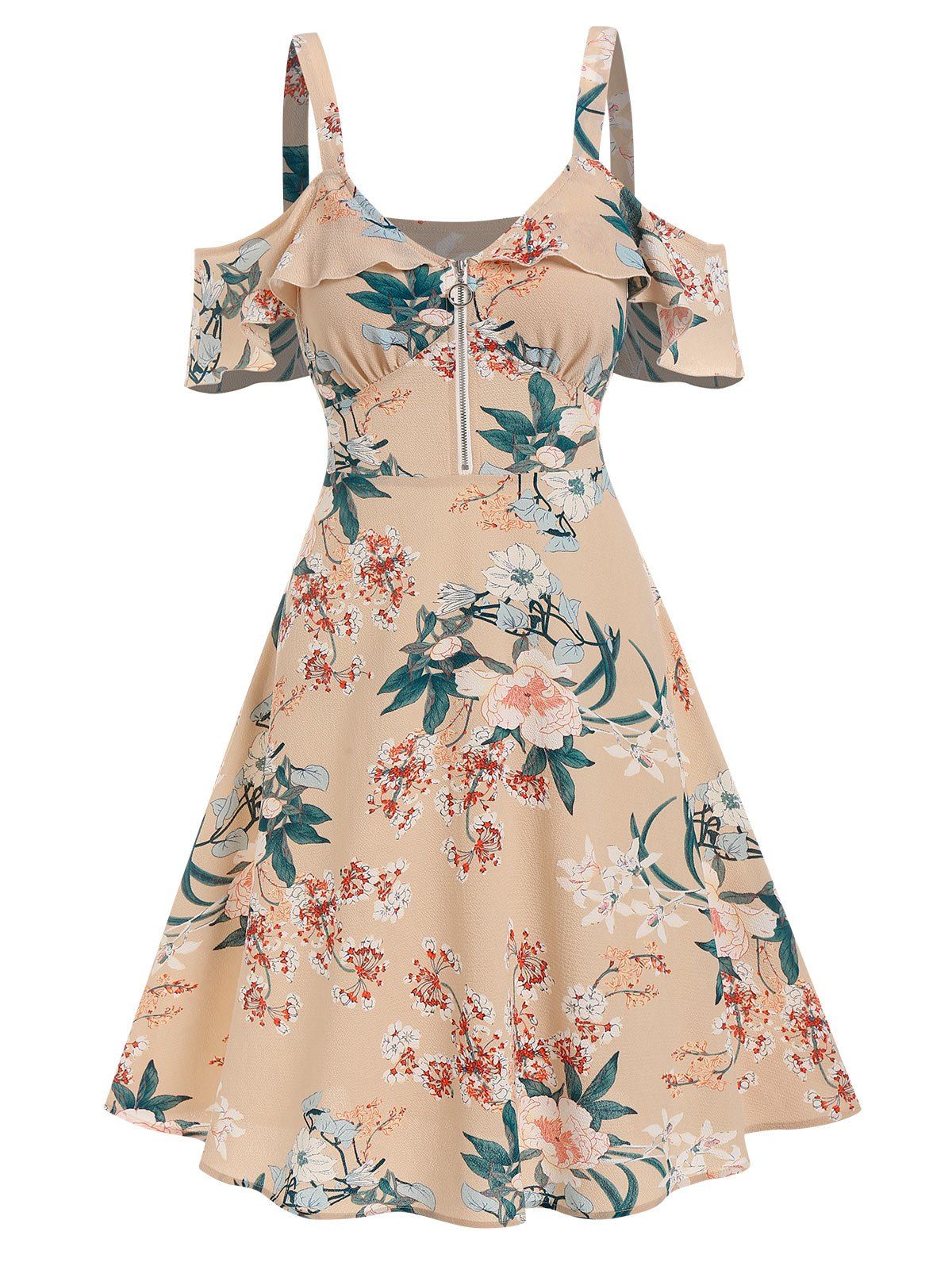 Cold Shoulder Sundress Ruffled Floral Print Dress - LIGHT YELLOW L