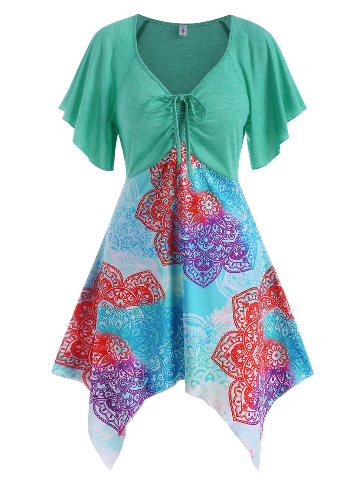 Cinched Ruched Printed Asymmetrical Tunic Top - BLUE XXXL