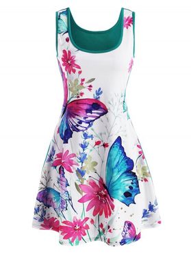 Casual Butterfly Flower Print Watercolor Skater Tunic Tank Dress