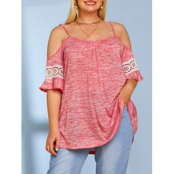 

Lace Panel Space Tye Open Shoulder Plus Size Top, Light pink