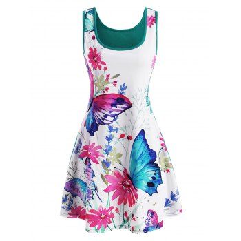 

Casual Butterfly Flower Print Watercolor Skater Tunic Tank Dress, Multicolor