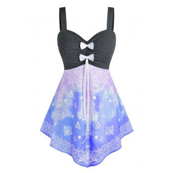 

Plus Size Tie Dye Print Bowknot Backless Tank Top, Blue
