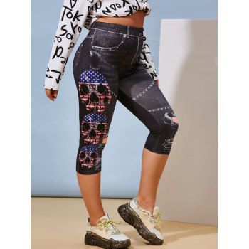 

Plus Size 3D Skull American Flag Print Capri Leggings, Dark gray