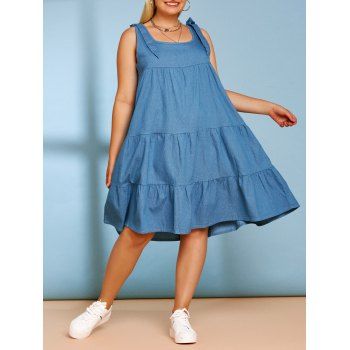 

Bowknot Tiered Plus Size Casual Chambray Dress, Blue