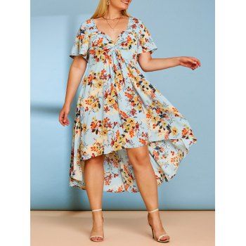 

Plus Size Floral Print Front Twist High Low Dress, Light blue