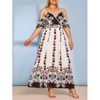 

Plus Size Cold Shoulder Floral Print Bohemian Maxi Dress, White