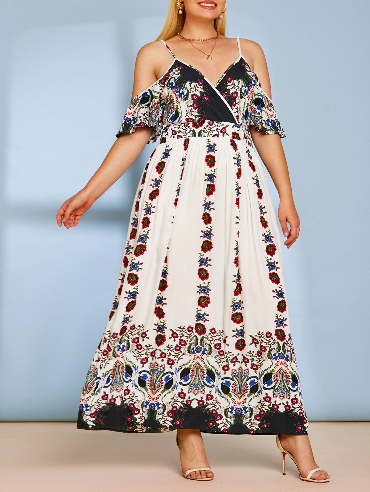 Plus Size Cold Shoulder Floral Print Bohemian Maxi Dress - WHITE 1X
