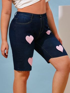 Valentines Heart Print Bermuda Plus Size Denim Shorts