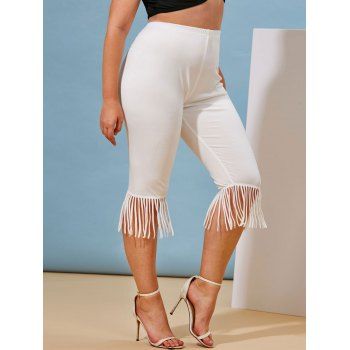 

Plus Size Fringed Hem High Rise Capri Leggings, White