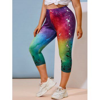 

Plus Size Rainbow Color Galaxy Print Cropped Leggings, Multicolor