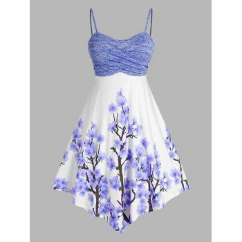 

Plus Size Crossover Floral Print Irregular Dress, Light blue