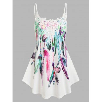 

Feather Print Lace Applique Tank Top, White