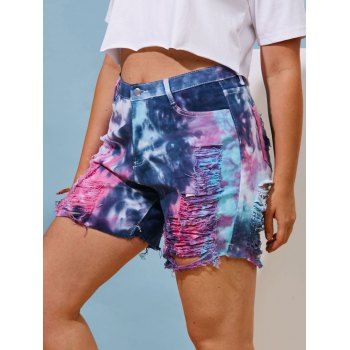

Ladder Ripped Frayed Hem Tie Dye Plus Size Shorts, Blue