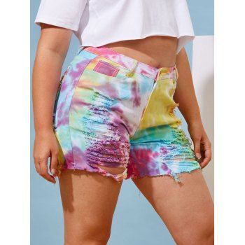 

Ladder Ripped Frayed Hem Tie Dye Plus Size Shorts, Yellow