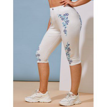 

Plus Size 3D Flower Print Crop Jeggings, White