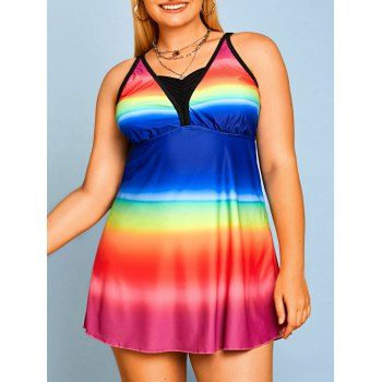 

Plus Size Rainbow Color Empire Waist Tankini Swimwear, Multicolor