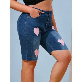 

Valentines Heart Print Bermuda Plus Size Denim Shorts, Blue