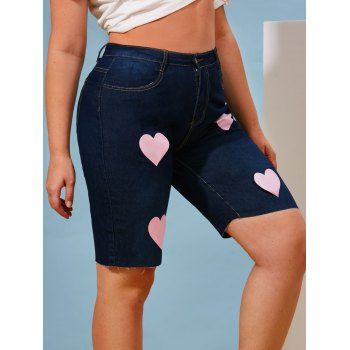 

Valentines Heart Print Bermuda Plus Size Denim Shorts, Deep blue