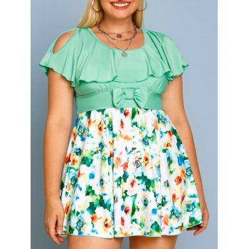

Plus Size Ruffled Bowknot Floral Print Two Piece Swimwear, Light green