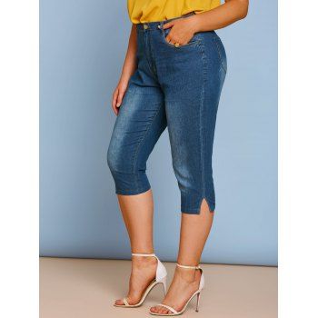 Plain Mid Rise Skinny Plus Size Capri Jeans, Blue