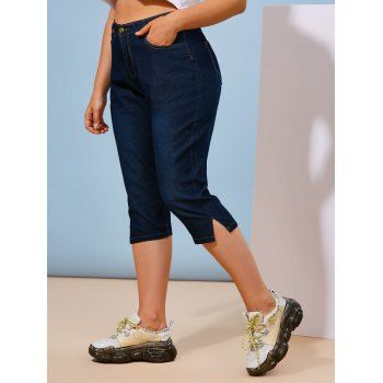 

Plain Mid Rise Skinny Plus Size Capri Jeans, Deep blue