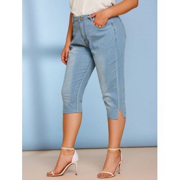 

Plain Mid Rise Skinny Plus Size Capri Jeans, Light blue