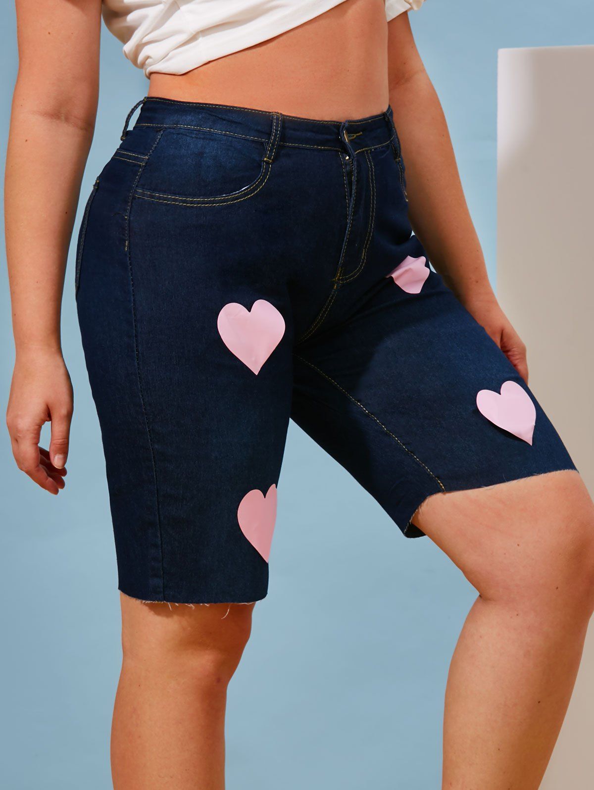 Valentines Heart Print Bermuda Plus Size Denim Shorts - DEEP BLUE 2XL