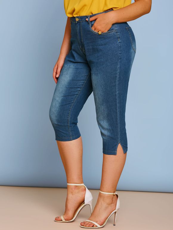 Jean Capri Moulant Simple à Coupe Moyenne de Grande Taille - Bleu 3XL