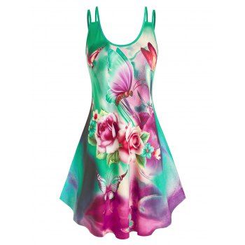 

Plus Size Multicolored Flower Printed Dress, Green