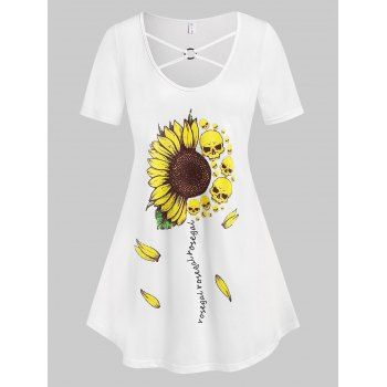 

Plus Size Sunflower Skull Print O Ring Tee, White