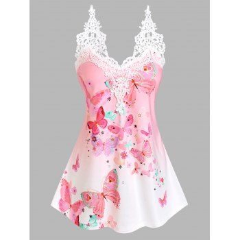 

Floral Butterfly Print Lace Insert Tank Top, Light pink