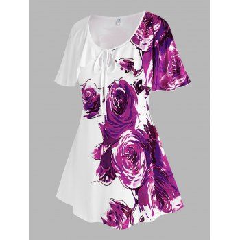 

Plus Size Flower Print Keyhole Asymmetric T Shirt, Purple