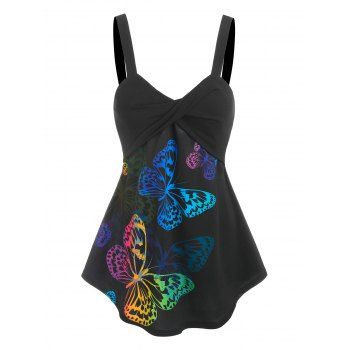 

Butterfly Print Twist Tunic Tank Top, Black