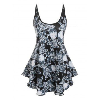 

Skull Rose Print Gothic Flowy Tank Top, Black