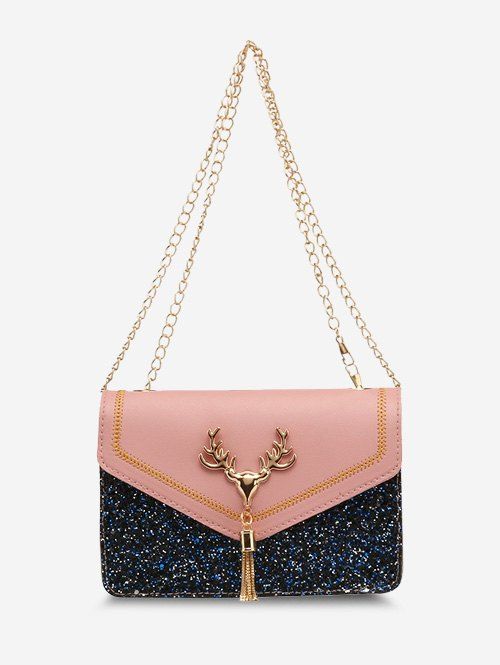 Sac à Bandoulière à Glands et Paillettes à Tête de Cerf - Rose 