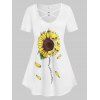 T-shirt à Imprimé Crâne Tournesol Bague en O de Grande Taille - Blanc 5X