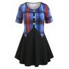 T-shirt à Carreaux de Grande Taille avec Bouton - Noir 1X