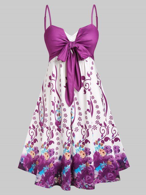 Plus Size Bowknot Floral Print Dress