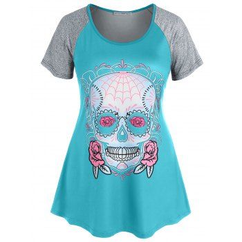 

Plus Size Raglan Sleeve Skull Print Gothic Tee, Light green