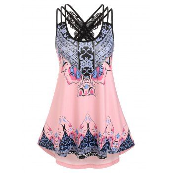 

Bohemian Print Lace Insert Strappy Tank Top, Light pink