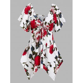 

Flower Print Keyhole Handkerchief T-shirt, White