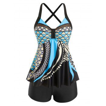 

Plus Size Geometry Print Crisscross Tankini Swimwear, Light blue