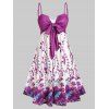 Plus Size Bowknot Floral Print Dress - PURPLE L