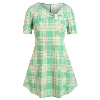 

Plus Size Asymmetrical Neck Plaid Knotted T Shirt, Green