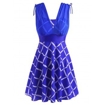 

Mesh Panel Cinched Tie Plaid Skirted Tankini Swimwear, Blue