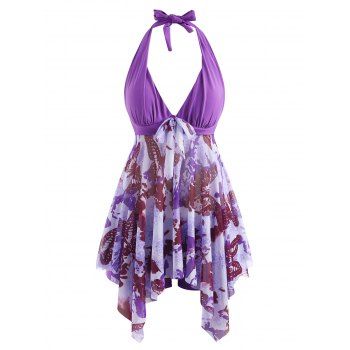 

Halter Butterfly Print Bowknot Mesh Handkerchief Tankini Swimwear, Purple