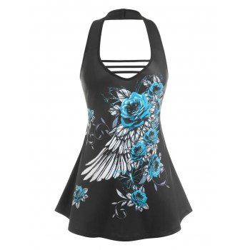 

Plus Size Floral Print Open Back Tank Top, Black