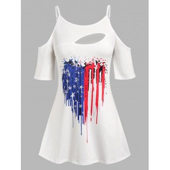 

Plus Size Cold Shoulder American Flag Print Cutout Tee, White